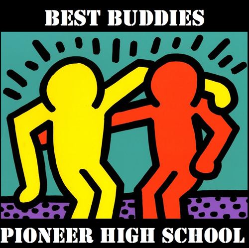 a stylized drawing of two people with their arms around each others shoulders, with the text Best Buddies Pioneer High School
